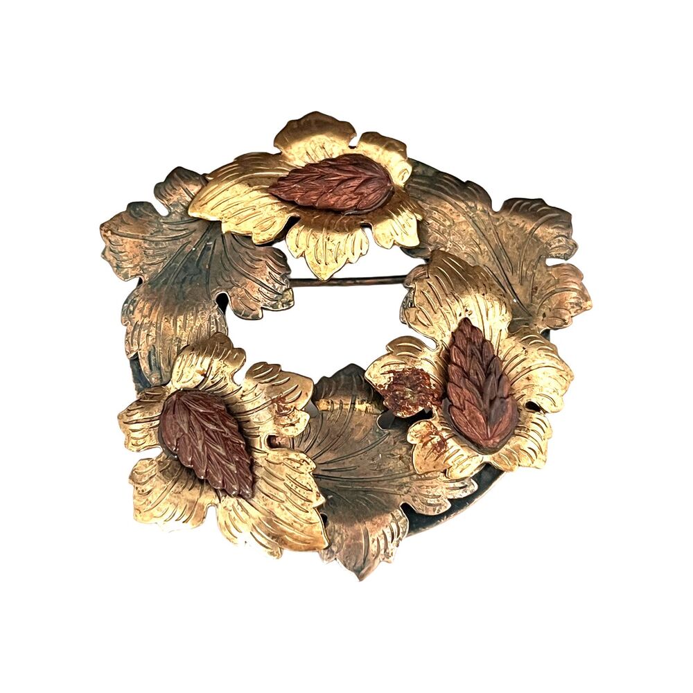 Vintage 1960s Wreath Brooch Gold Copper Tone Leaf Mid Century - 1K